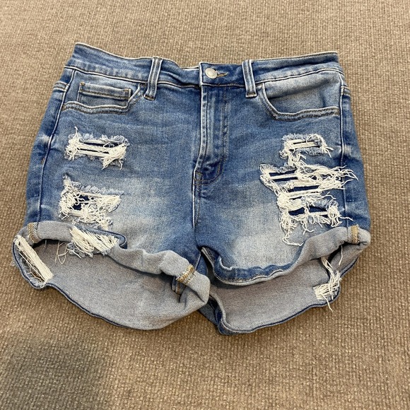Vervet Pants - Vervet Cutoff Shorts Womens Medium Blue Distressed Denim Cuffed Stretch VT938